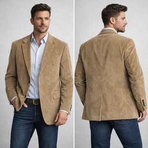 Stafford Mens Tan Corduroy Blazer Sport Coat Jacket 46L 100% Cotton 2 Button